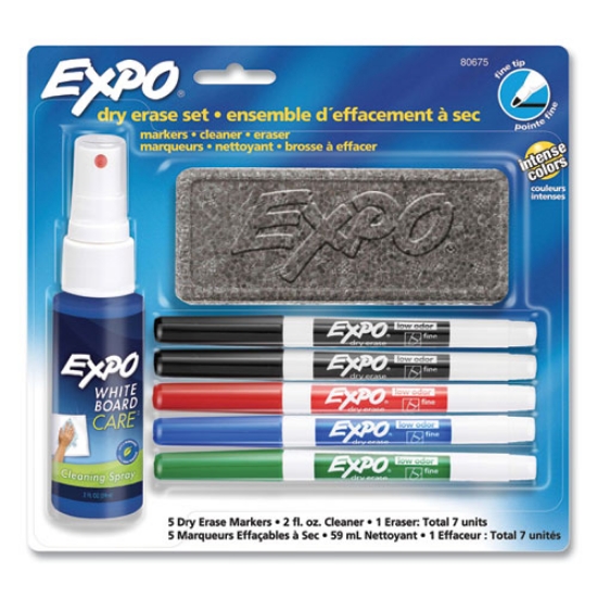 Picture of Dry Erase Marker, Eraser And Cleaner Kit, Fine Bullet Tip, Assorted Colors, 5/set