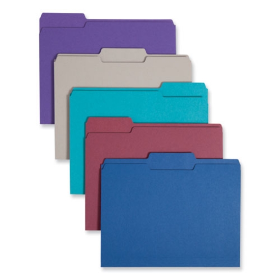 Picture of Colored File Folders, 1/3-Cut Tabs: Assorted, Letter Size, 0.75" Expansion, Assorted: Gray/Maroon/Navy/Purple/Teal, 100/Box
