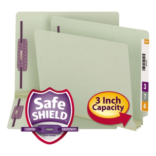 Picture of End Tab Pressboard Classification Folders, Two SafeSHIELD Coated Fasteners, 3" Expansion, Letter Size, Gray-Green, 25/Box