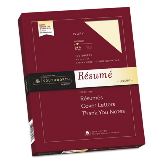 Picture of 100% Cotton Resume Paper, 24 lb Bond Weight, 8.5 x 11, Ivory, 100/Pack