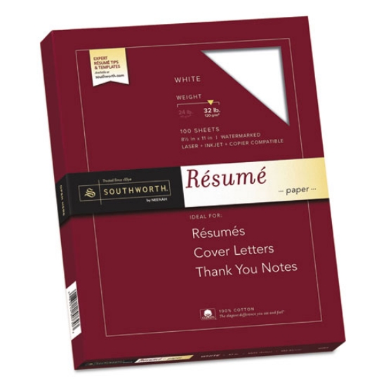 Picture of 100% Cotton Resume Paper, 95 Bright, 32 lb Bond Weight, 8.5 x 11, White, 100/Pack