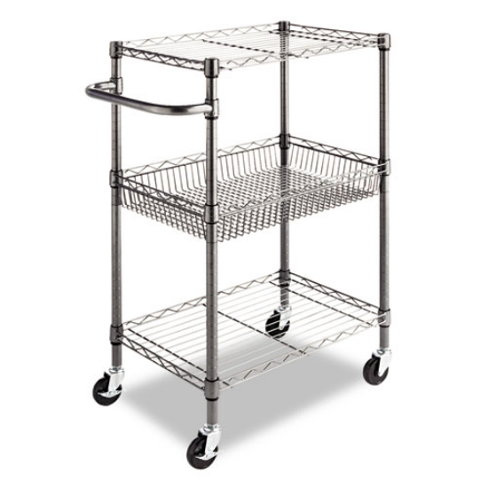 Picture of Three-Tier Wire Cart with Basket, Metal, 2 Shelves, 1 Bin, 500 lb Capacity, 28" x 16" x 39", Black Anthracite