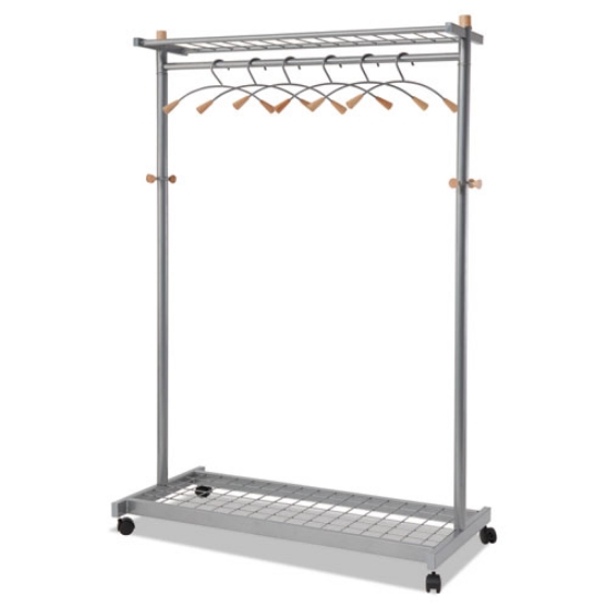 Picture of Garment Racks, Two-Sided, 2-Shelf Coat Rack, 6 Hanger/6 Hook, 44.8w x 21.67d x 70.8h, Silver/Wood