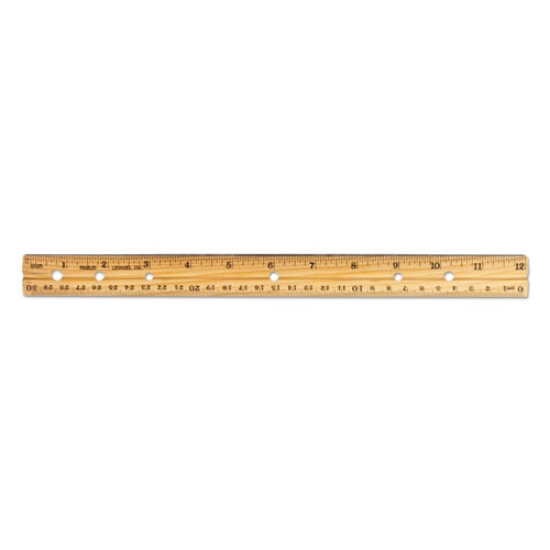 Picture of Beveled Wood Ruler w/Single Metal Edge, 3-Hole Punched, Standard/Metric, 12" Long, Natural, 36/Box