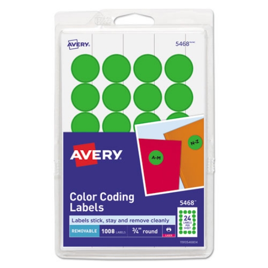 Picture of printable self-adhesive removable color-coding labels, 0.75" dia, green, 24/sheet, 42 sheets/pack, (5463)