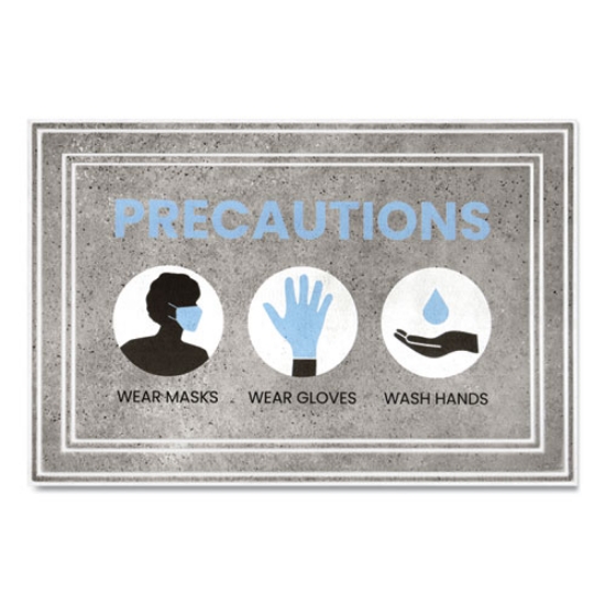 Picture of Message Floor Mats, 24 X 36, Gray/blue, "precautions Wear Masks Wear Gloves Wash Hands"