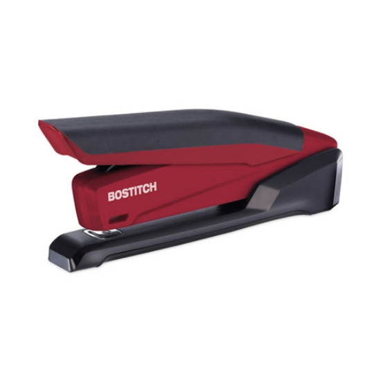 Picture of inpower spring-powered desktop stapler with antimicrobial protection, 20-sheet capacity, red/black