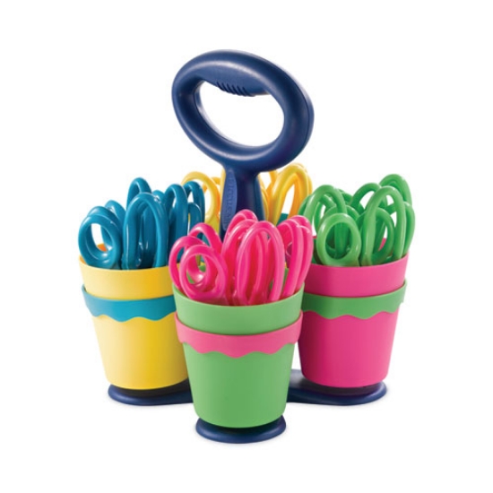 Picture of Scissor Caddy With Kids' Scissors, 5" Long, 2" Cut Length, Light Blue; Light Green; Pink; Yellow, Straight Handles, 24/set
