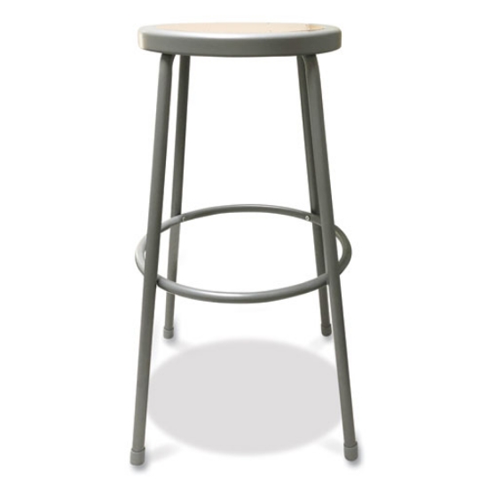 Picture of Industrial Metal Shop Stool, Backless, Supports Up To 300 Lb, 30" Seat Height, Brown Seat, Gray Base