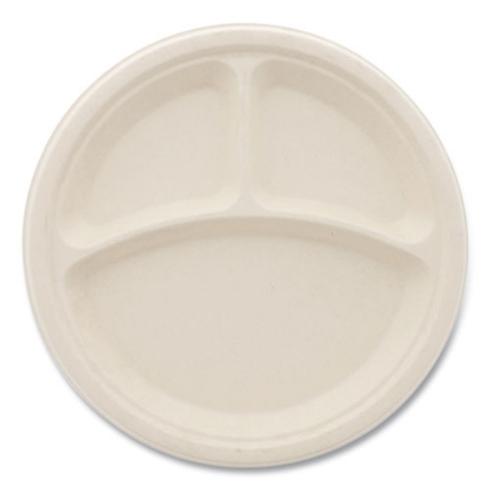 Picture of Bagasse PFAS-Free Dinnerware, Plate, 10" dia, 3-Compartment, Tan, 500/Carton