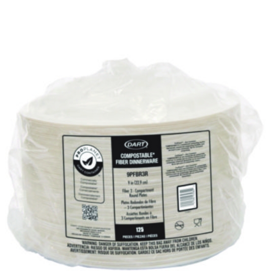 Picture of Compostable Fiber Dinnerware, ProPlanet Seal, 3-Compartment Plate, 9" Diameter, Ivory, 500/Carton