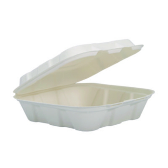 Picture of Compostable Fiber Hinged Trays, ProPlanet Seal, 8.03 x 8.38 x 1.93, Ivory, Molded Fiber, 200/Carton