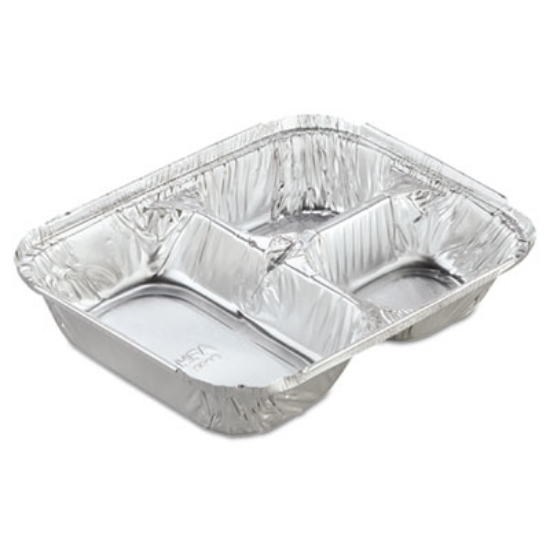 Picture of Aluminum Oblong Container with Lid, 3-Compartment, 24 oz, 8.5 x 6.38 x 1.47, Silver, 250/Carton
