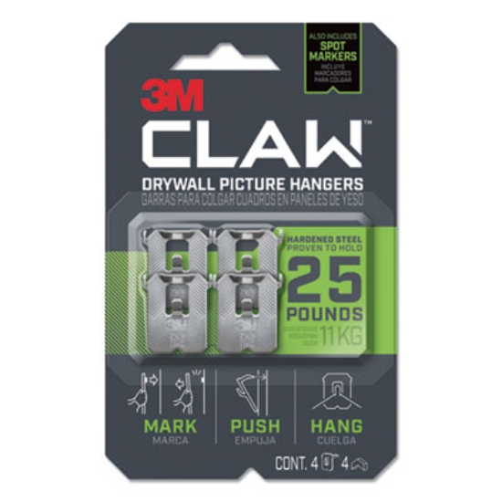 Picture of Claw Drywall Picture Hanger, Stainless Steel, 25 lb Capacity, 4 Hooks and 4 Spot Markers,