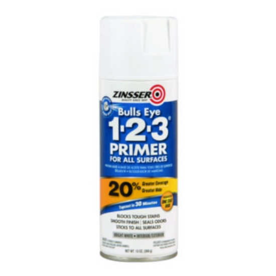 Picture of Bulls Eye 1-2-3 Primer Spray, Interior/Exterior, Flat White, 13 oz Aerosol Can, 6/Carton