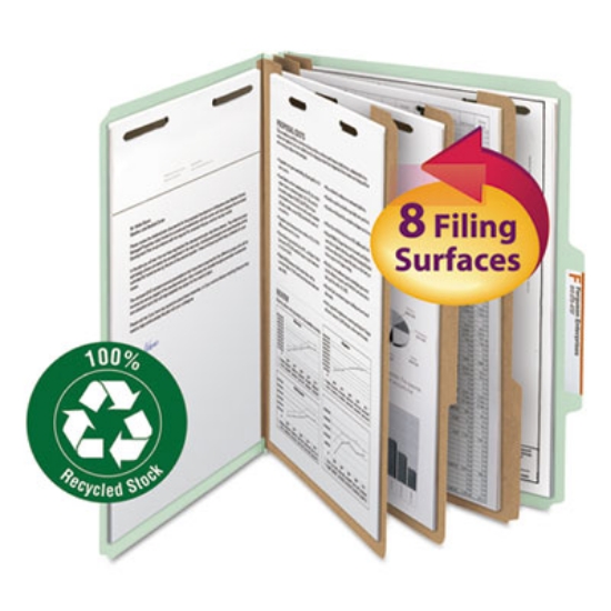 Picture of recycled pressboard classification folders, 3" expansion, 3 dividers, 8 fasteners, letter size, gray-green, 10/box