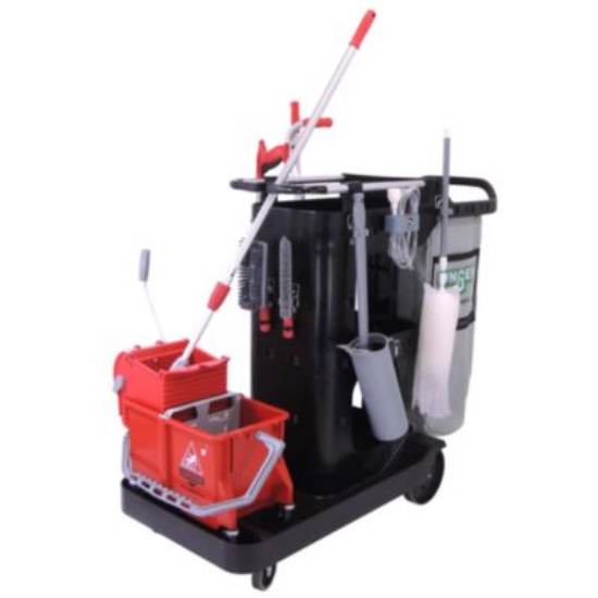 Picture of RestroomRx Janitorial Carts with 16 Qt Bucket, Plastic, 2 Shelves, 23.5 x 19 x 25, Black